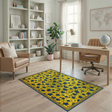 Yellow Sunflower Floral Area Rug with Navy Centers