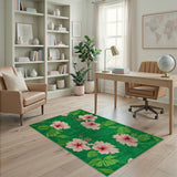 Pink Hibiscus Green Area Rug