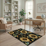 Golden Sunflower Vine Area Rug on Black