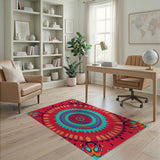 Vibrant Red Teal Mandala Tribal Rug