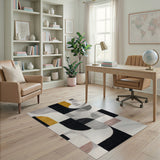 Washable Abstract Geometric Area Rug - Modern Gold & Black Low Pile Non-Slip Rug