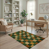 Distressed Vintage Checkered Green Orange Rug