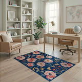 Pink Poppy Floral Navy Area Rug