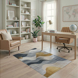 Abstract Wave Gold Accent Grey Navy Area Rug