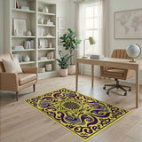 Ornate Yellow Persian Rug with Purple Swirls