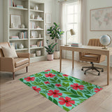 Vibrant Pink Hibiscus Floral Area Rug on Teal
