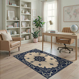 Navy Blue Persian Medallion Area Rug on Beige