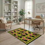 Whimsical Black Cats Pink Hearts Yellow Area Rug