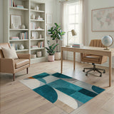 Teal Blue Curved Geometric Area Rug