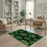 Bold Green Monstera Leaves on Black Area Rug