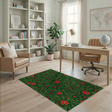 Festive Red Poinsettia Green Leaf Pattern Area Rug