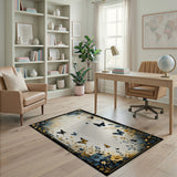 Elegant Blue Butterfly Floral Gold Frame Rug