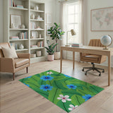 Vibrant Blue Flowers on Lush Green Leaves Area Rug