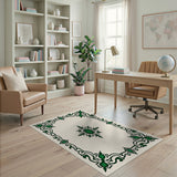 Green Ornate Green Border Cream Area Rug