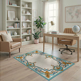 Ornate Teal Gold Persian Border Area Rug