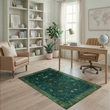 ODIKA Emerald Green Vintage Botanical Butterfly Washable Area Rug, Low Pile & Non-Slip