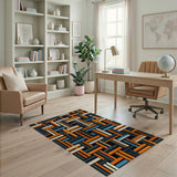 Bold Interlocking Orange Black Geometric Rug