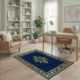 Navy Blue Traditional Persian Rug with Gold Medallion