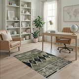 Distressed Tribal Green Geometric Rug