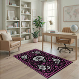 Ornate White Floral Persian Rug with Pink Border