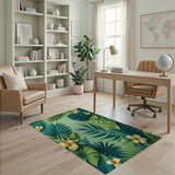 Lush Green Monstera and Plumeria Leaf Rug
