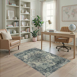 Blue Teal Distressed Vintage Scroll Area Rug