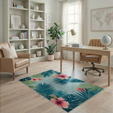 Teal Hibiscus Palm Leaf Coastal Area Rug