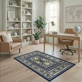 Blue and Teal Navy Blue Ornate Persian Border Rug