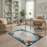 ODIKA Coastal Ocean Shells Washable Area Rug - Low Pile Non-Slip Nautical Mat