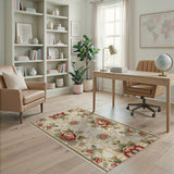 Vintage Red Rose Floral Cream Area Rug