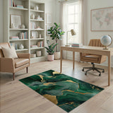 ODIKA Washable Emerald Green and Gold Marble Area Rug - Low Pile, Non-Slip & Pet Friendly