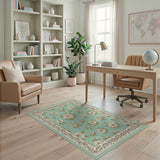 Mint Green Floral Vintage Area Rug with Ornate Frame