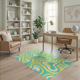 Vibrant Yellow Teal Abstract Wave Area Rug