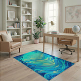 Teal Blue Oceanic Wave Fantasy Area Rug