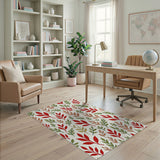 Vibrant Red Green Leaves Pattern Area Rug