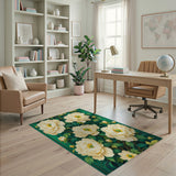 Lush White Peony Blooms Emerald Green Area Rug