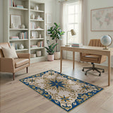 Navy Blue Gold Ornate Star Medallion Area Rug