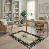 ODIKA Traditional Medallion Black & Beige Washable Area Rug - Low Pile Non-Slip Pet Friendly