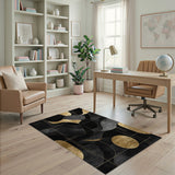 ODIKA Modern Abstract Black & Gold Washable Rug - Low Pile Non-Slip Area Rug