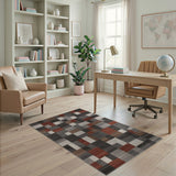 Geometric Grey Red Block Modern Area Rug