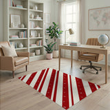Washable Red & White Diagonal Striped Low Pile Area Rug
