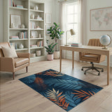 Teal Orange Palm Leaf Navy Area Rug