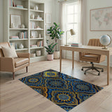 Navy Blue Persian Tile Pattern Area Rug with Gold Florals
