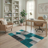Teal Grey Curved Geometric Area Rug