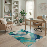 Blue and Teal Teal Blue Abstract Ocean Wave Area Rug