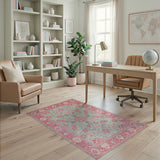 Teal Field Pink Floral Persian Area Rug