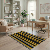 Bold Black Grey Yellow Striped Area Rug