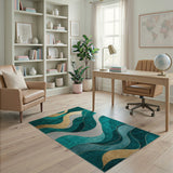 Teal Abstract Wave Area Rug with Gold Accents