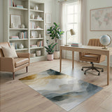 ODIKA Washable Abstract Gold and Grey Low Pile Area Rug - Non-Slip & Pet Friendly
