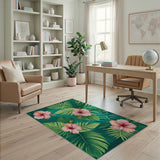 Teal Hibiscus Palm Leaves Coastal Area Rug